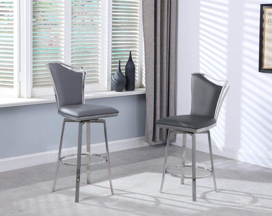 The appearance of Contemporary Swivel Bar Stool W/Design Back NADIA-BS-GRY designed by Chintaly Imports in the modern / contemporary interior design. This stainless steel piece of furniture  was selected by 1StopBedrooms from Nadia Collection to add a touch of cosiness and style into your home. Sku: NADIA-BS-GRY. Product Type: Barstool.