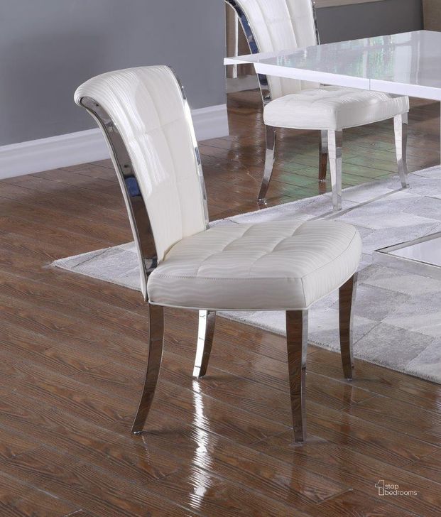 The appearance of Contemporary Tufted Side Chair IRIS-SC-WHT Set of 2 designed by Chintaly Imports in the modern / contemporary interior design. This stainless steel piece of furniture  was selected by 1StopBedrooms from Iris Collection to add a touch of cosiness and style into your home. Sku: IRIS-SC-WHT. Product Type: Side Chair. Image1