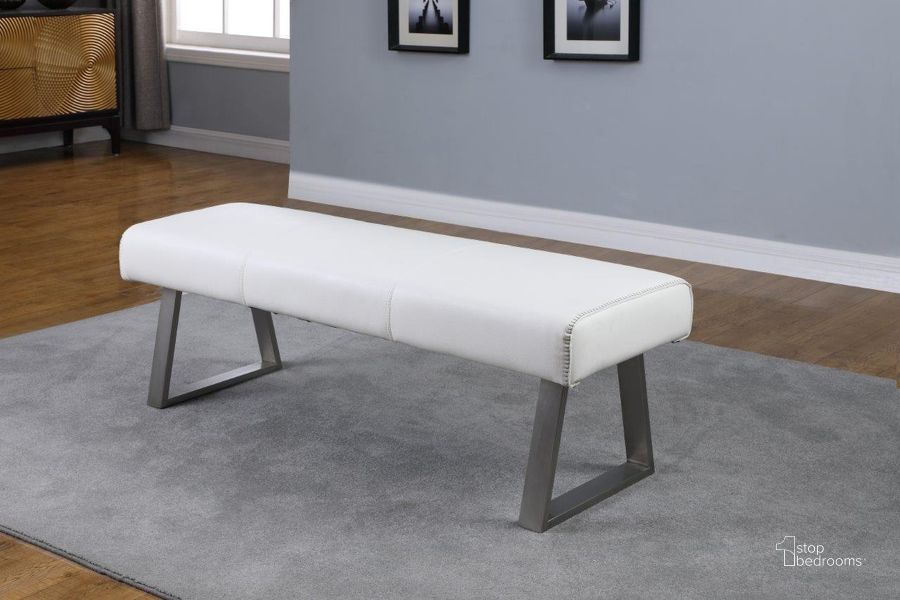 The appearance of Contemporary Upholstered Bench W/Highlight Stitching designed by Chintaly Imports in the modern / contemporary interior design. This brushed steel piece of furniture  was selected by 1StopBedrooms from Gwen Collection to add a touch of cosiness and style into your home. Sku: GWEN-BCH-WHT. Product Type: Bench. Image1