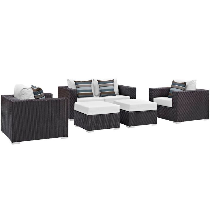 The appearance of Convene 5-Piece Outdoor Patio Sofa Set In Espresso White designed by Modway in the  interior design. This espresso white piece of furniture  was selected by 1StopBedrooms from Convene Collection to add a touch of cosiness and style into your home. Sku: EEI-2351-EXP-WHI-SET. Product Type: Outdoor Set. Material: Rattan. Image1