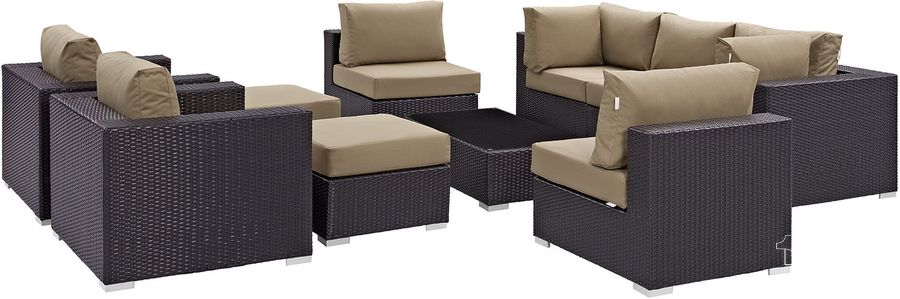 The appearance of Convene Espresso Mocha 10 Piece Outdoor Patio Sectional Set designed by Modway in the modern / contemporary interior design. This espresso mocha piece of furniture  was selected by 1StopBedrooms from Convene Collection to add a touch of cosiness and style into your home. Sku: EEI-2169-EXP-MOC-SET. Material: Steel. Product Type: Outdoor Conversation Set. Image1