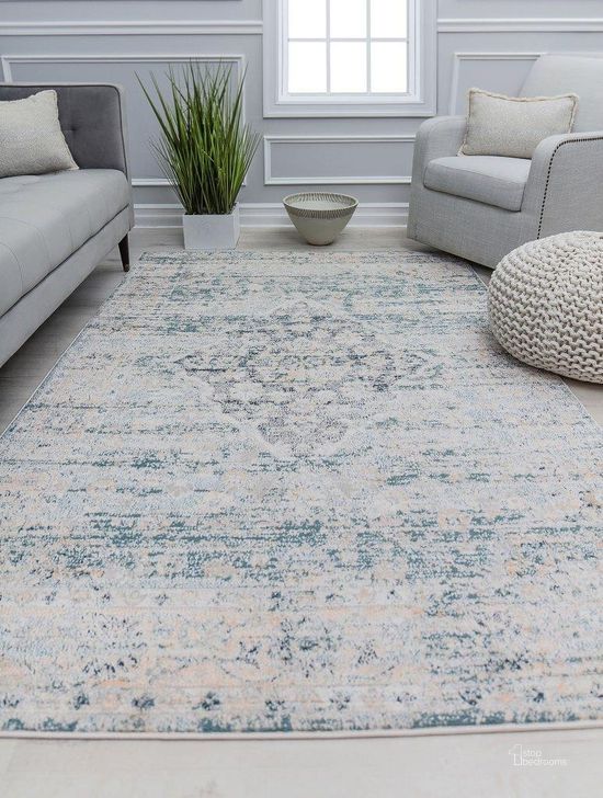 The appearance of Cora CL15A Norway Spruce Transitional Vintage Blue 8' x 10' Area Rug designed by Rugs America in the transitional interior design. This blue piece of furniture  was selected by 1StopBedrooms from Cora Collection to add a touch of cosiness and style into your home. Sku: RA31100. Material: Polypropylene. Product Type: Area Rugs. Image1