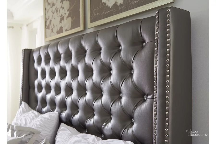 The appearance of Coralayne Gray King/California King Upholstered Headboard Only designed by Signature Design by Ashley in the traditional interior design. This gray piece of furniture  was selected by 1StopBedrooms from Coralayne Collection to add a touch of cosiness and style into your home. Sku: B650-78. Material: Fabric. Product Type: Headboard. Bed Size: King. Image1