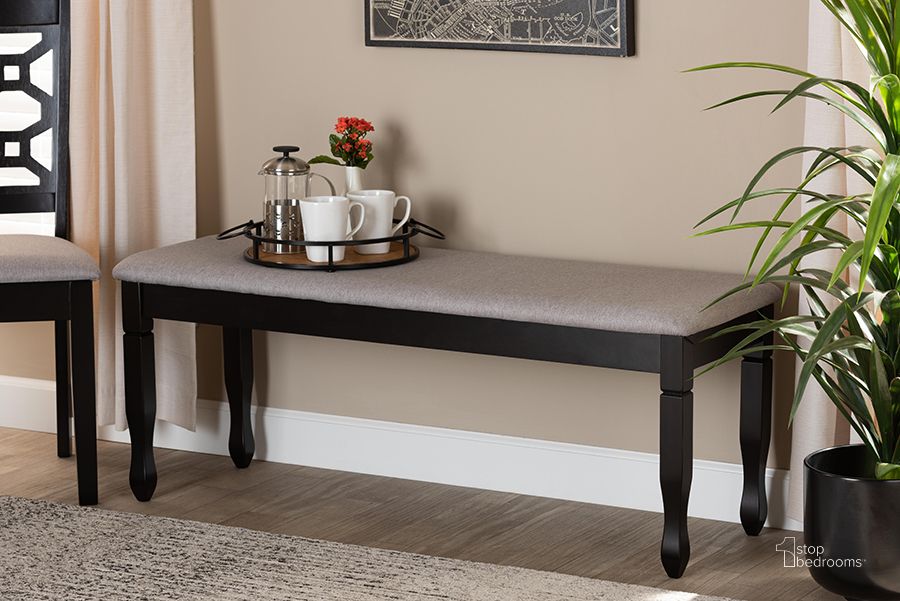 The appearance of Corey Modern and Contemporary Grey Fabric Upholstered and Dark Brown Finished Wood Dining Bench designed by Baxton Studio in the modern / contemporary interior design. This grey and dark brown piece of furniture  was selected by 1StopBedrooms from Corey Collection to add a touch of cosiness and style into your home. Sku: RH039-Grey/Dark Brown-Dining Bench. Material: Fabric. Product Type: Dining Bench. Image1