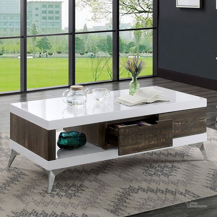The appearance of Corinne Coffee Table In White and Distressed Dark Oak designed by Furniture of America in the modern / contemporary interior design. This white and distressed dark oak piece of furniture  was selected by 1StopBedrooms from Corinne Collection to add a touch of cosiness and style into your home. Sku: FOA4535C. Material: Wood. Product Type: Coffee Table. Image1