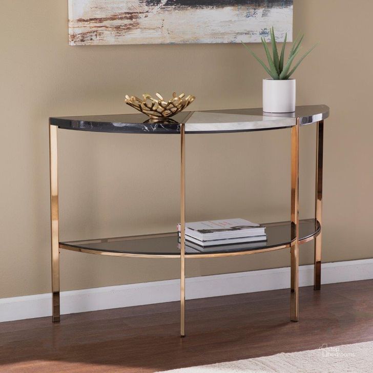 The appearance of Cortinada Demilune Console Table designed by SEI Furniture in the modern / contemporary interior design. This gold piece of furniture  was selected by 1StopBedrooms from Cortinada Collection to add a touch of cosiness and style into your home. Sku: CK1114703. Material: Wood. Product Type: Console Table. Image1
