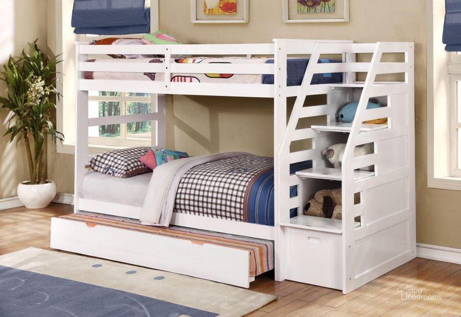 The appearance of Cosmo Twin Over Twin Staircase Bunk Bed With Trundle and Storage Steps In White designed by US Tamex in the transitional interior design. This white piece of furniture  was selected by 1StopBedrooms from Cosmo Collection to add a touch of cosiness and style into your home. Sku: E45165-WH-A;E45165-WH-B;E45165-WH-C. Bed Type: Bunk Bed. Material: Wood. Product Type: Bunk Bed. Bed Size: Twin Over Twin. Image1