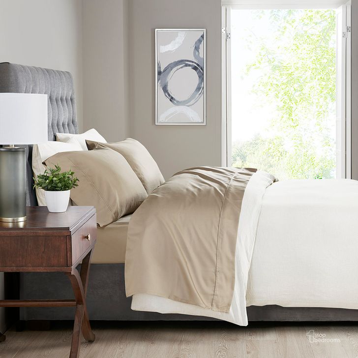 The appearance of Cotton And Polyester Cross Weave Sateen Full Sheet Set In Khaki designed by Olliix in the transitional interior design. This khaki piece of furniture  was selected by 1StopBedrooms from 525 Thread Count Collection to add a touch of cosiness and style into your home. Sku: MP20-6519. Material: Polyester. Bed Size: Full. Product Type: Bed Sheet. Image1