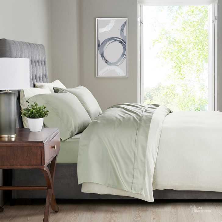 The appearance of Cotton And Polyester Cross Weave Sateen Full Sheet Set In Sage designed by Olliix in the transitional interior design. This sage piece of furniture  was selected by 1StopBedrooms from 525 Thread Count Collection to add a touch of cosiness and style into your home. Sku: MP20-6539. Material: Polyester. Bed Size: Full. Product Type: Bed Sheet. Image1