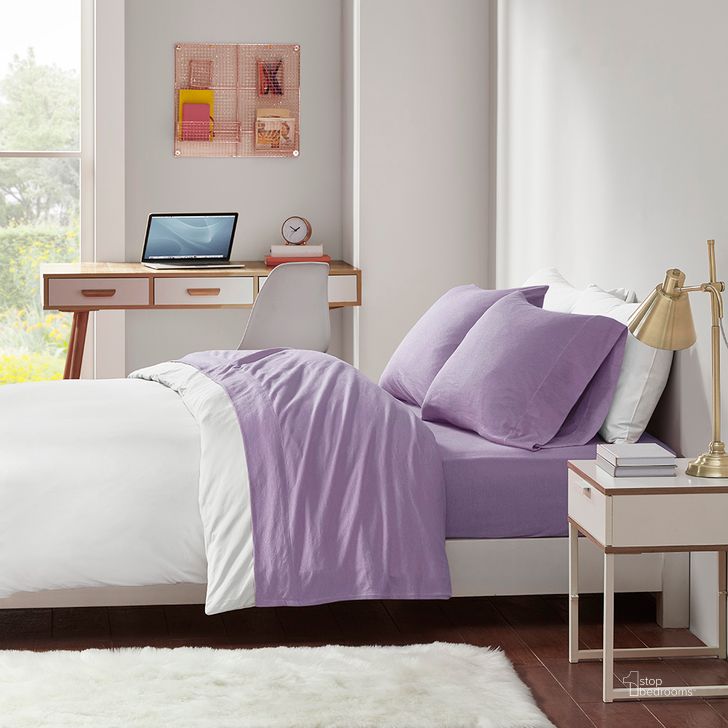 The appearance of Cotton And Polyester Jersey Knit Twin Sheet Set In Purple designed by Olliix in the transitional interior design. This purple piece of furniture  was selected by 1StopBedrooms from Cotton Blend Jersey Knit Collection to add a touch of cosiness and style into your home. Sku: ID20-703. Material: Polyester. Bed Size: Twin. Product Type: Bed Sheet. Image1