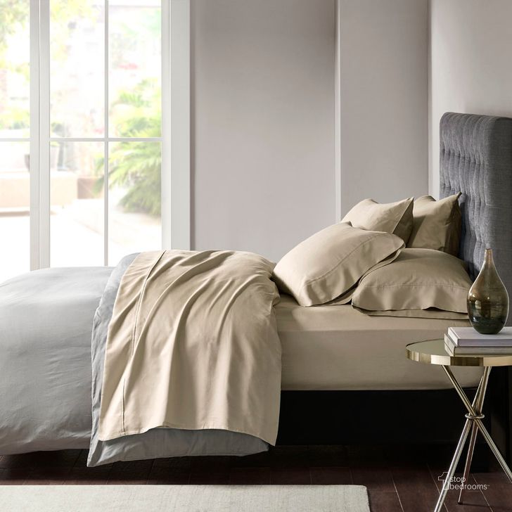 The appearance of Cotton And Polyester Sateen Blend 7Pcs Split King Sheet Set In Khaki designed by Olliix in the transitional interior design. This khaki piece of furniture  was selected by 1StopBedrooms from 800 Thread Count Collection to add a touch of cosiness and style into your home. Sku: MPH20-0021. Material: Polyester. Product Type: Bed Sheet. Bed Size: Split King. Image1