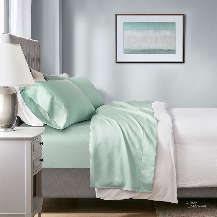 The appearance of Cotton And Polyester Solid Antimicrobial Full Sheet Set With Heiq Temperature Regulating In Seafoam designed by Olliix in the transitional interior design. This seafoam piece of furniture  was selected by 1StopBedrooms from 1000 Thread Count Collection to add a touch of cosiness and style into your home. Sku: BR20-1871. Material: Polyester. Bed Size: Full. Product Type: Bed Sheet. Image1