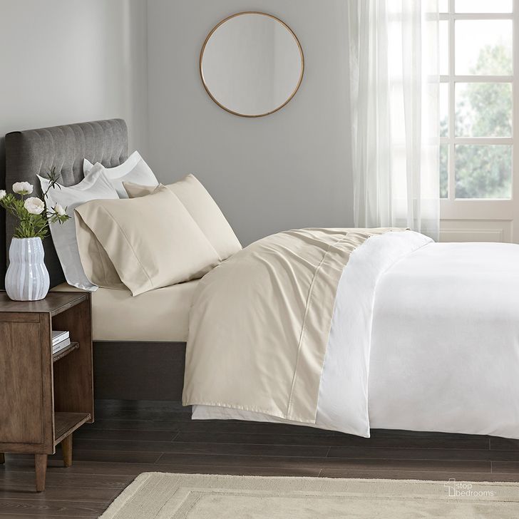 The appearance of Cotton Sateen Performance California King Sheet Set In Ivory designed by Olliix in the transitional interior design. This ivory piece of furniture  was selected by 1StopBedrooms from 400 Thread Count Collection to add a touch of cosiness and style into your home. Sku: BR20-0977. Bed Size: California King. Material: Cotton. Product Type: Bed Sheet. Image1