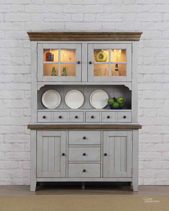 The appearance of Country Grove Distressed Gray and Brown Wood Buffet and Hutch designed by Sunset Trading in the modern / contemporary interior design. This distressed light gray and medium walnut piece of furniture  was selected by 1StopBedrooms from Country Grove Collection to add a touch of cosiness and style into your home. Sku: DLU-CG-BUF-GO;DLU-CG-HUT-GO. Material: Wood. Product Type: Buffet and Hutch. Image1