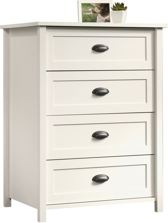 The appearance of County Line 4-Drawer Chest In Soft White designed by Sauder in the country / farmhouse interior design. This soft white piece of furniture  was selected by 1StopBedrooms from County Line Collection to add a touch of cosiness and style into your home. Sku: 416976. Product Type: Chest. Material: Engineered Wood. Image1