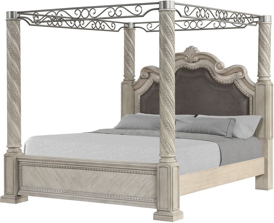 The appearance of Coventry King Upholstered Panel Canopy Bed designed by Bernards in the  interior design. This light gray piece of furniture  was selected by 1StopBedrooms from Coventry Collection to add a touch of cosiness and style into your home. Sku: 1989-113. Bed Type: Canopy Bed. Product Type: Canopy Bed. Bed Size: King. Material: Wood Veneer. Image1