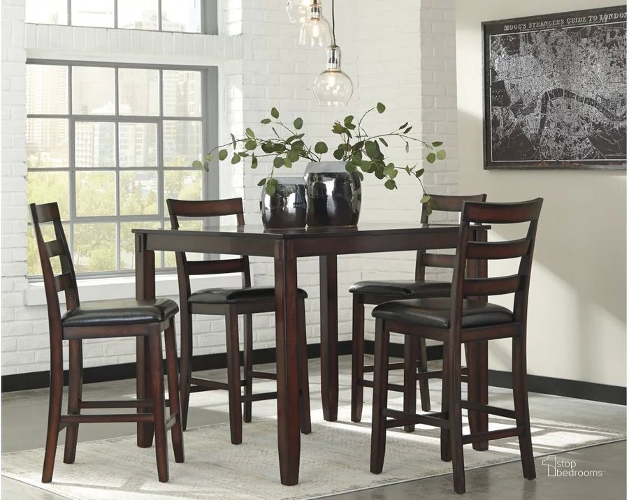 The appearance of Coviar Brown 5 Piece Counter Height Dining Room Set designed by Signature Design by Ashley in the transitional interior design. This brown piece of furniture  was selected by 1StopBedrooms from Coviar Collection to add a touch of cosiness and style into your home. Sku: D385-223. Product Type: Dining Room Set. Material: Leather Match. Image1