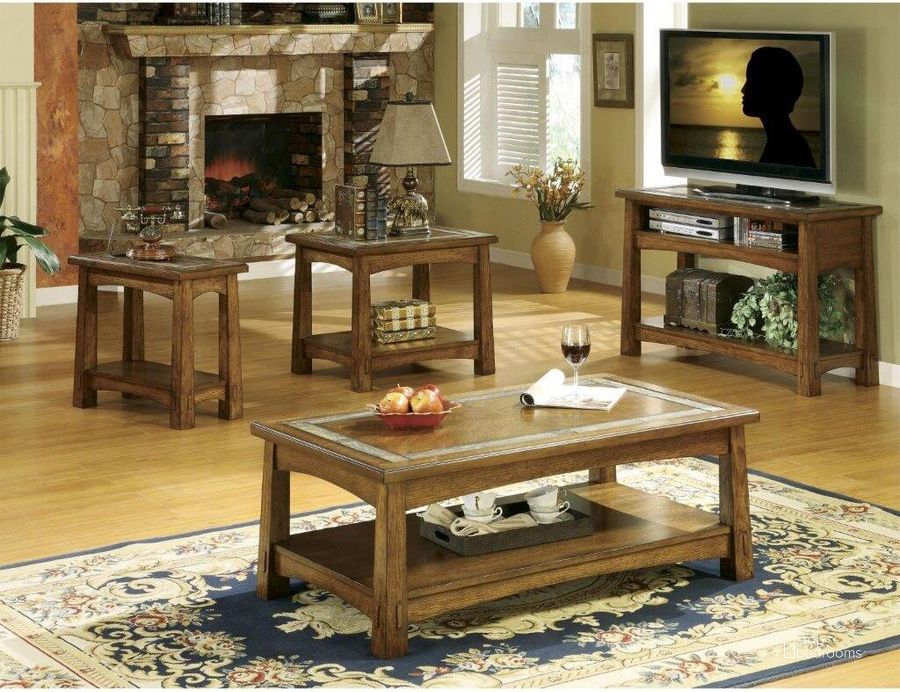 The appearance of Craftsman Home Americana Oak Rectangular Cocktail Table designed by Riverside Furniture in the transitional interior design. This brown piece of furniture  was selected by 1StopBedrooms from Craftsman Home Collection to add a touch of cosiness and style into your home. Sku: 2902. Product Type: Cocktail Table. Image1