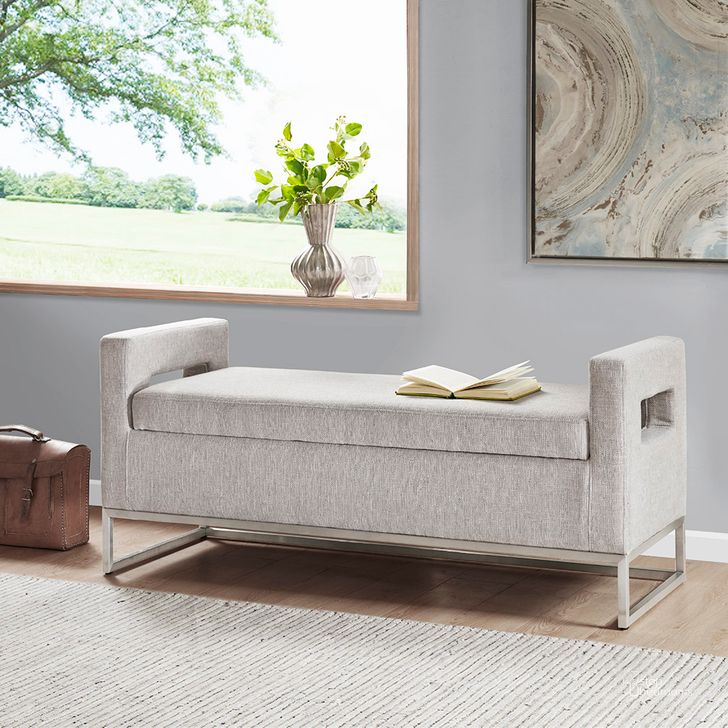 The appearance of Crawford Storage Bench In Grey designed by Olliix in the transitional interior design. This grey piece of furniture  was selected by 1StopBedrooms from Crawford Collection to add a touch of cosiness and style into your home. Sku: MP105-0614. Material: Wood. Product Type: Bench. Image1