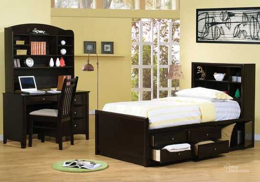 The appearance of Phoenix Youth Storage Bedroom Set - 400180 designed by Coaster in the transitional interior design. This brown piece of furniture  was selected by 1StopBedrooms from Phoenix Collection to add a touch of cosiness and style into your home. Sku: 400180TB1;400180TB2;400180TB3;200412. Bed Type: Storage Bed. Material: Wood. Product Type: Storage Bed. Bed Size: Twin. Image1