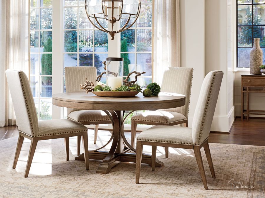 The appearance of Cypress Point Hatteras Gray Atwell Extendable Dining Room Set designed by Tommy Bahama in the transitional interior design. This brown and gray piece of furniture  was selected by 1StopBedrooms from Cypress Point Collection to add a touch of cosiness and style into your home. Sku: 01-0561-875C;01-0561-880-01. Material: Wood. Product Type: Dining Room Set. Image1