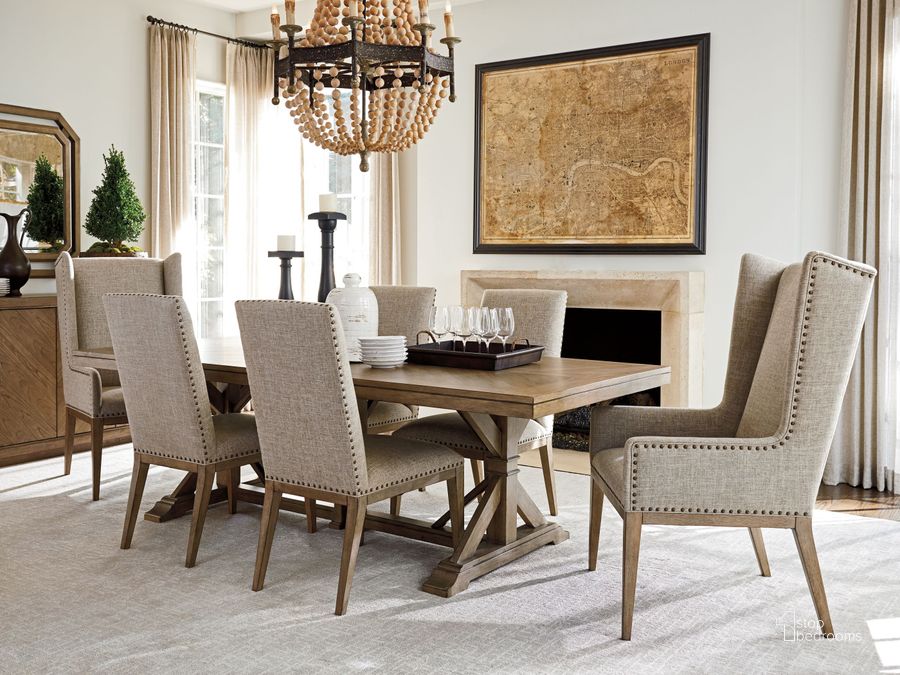The appearance of Cypress Point Hatteras Gray Pierpoint Double Pedestal Extendable Dining Room Set designed by Tommy Bahama in the transitional interior design. This brown and gray piece of furniture  was selected by 1StopBedrooms from Cypress Point Collection to add a touch of cosiness and style into your home. Sku: 01-0561-876C;01-0561-880-01. Material: Wood. Product Type: Dining Room Set. Image1