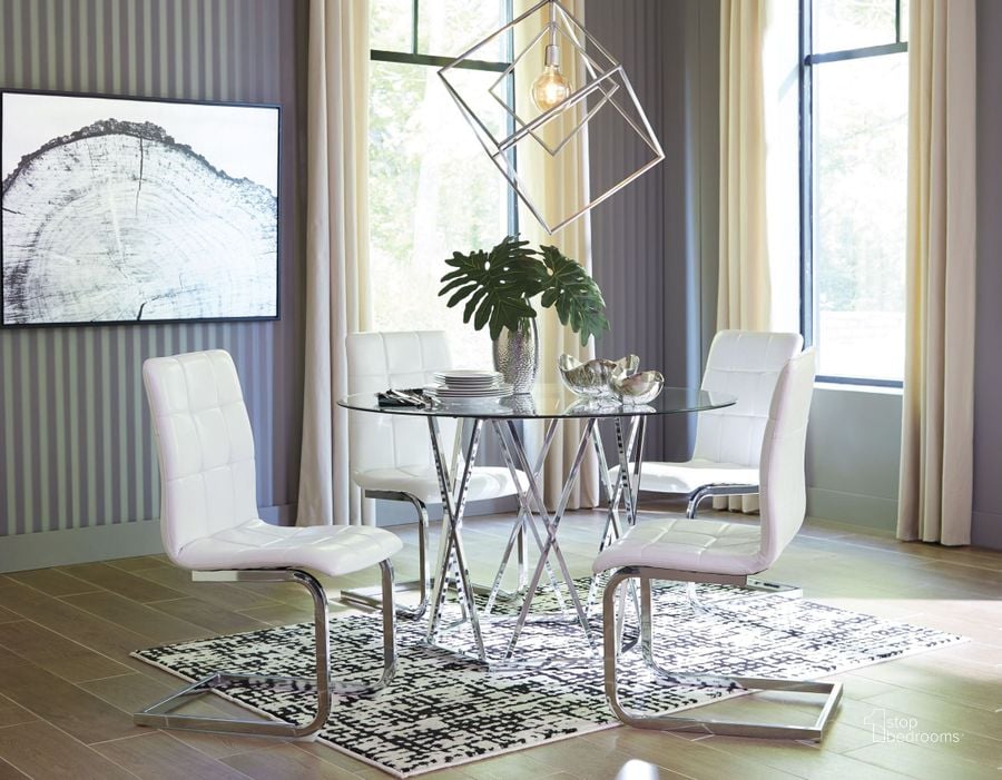 The appearance of Madanere Silver Round Dining Room Set designed by Signature Design by Ashley in the modern / contemporary interior design. This chrome piece of furniture  was selected by 1StopBedrooms from Madanere Collection to add a touch of cosiness and style into your home. Sku: D275-15;D275-01. Table Base Style: Trestle. Table Top Shape: Round. Material: Glass. Product Type: Dining Room Set. Image1