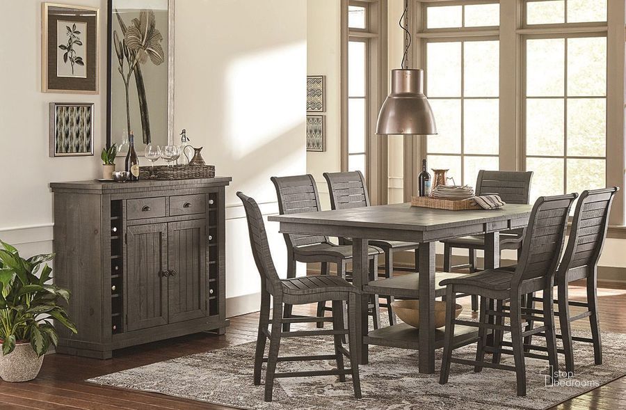 The appearance of Willow Distressed Dark Gray Rectangular Counter Height Dining Room Set designed by Progressive Furniture in the transitional interior design. This gray piece of furniture  was selected by 1StopBedrooms from Willow Collection to add a touch of cosiness and style into your home. Sku: D801-12B;D801-12T;D801-64. Material: Wood. Product Type: Dining Room Set. Table Top Shape: Rectangular. Image1