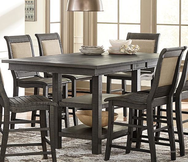 The appearance of Willow Distressed Dark Gray Rectangular Counter Height Dining Table designed by Progressive Furniture in the transitional interior design. This gray piece of furniture  was selected by 1StopBedrooms from Willow Collection to add a touch of cosiness and style into your home. Sku: D801-12B;D801-12T. Material: Wood. Product Type: Counter Height Table. Table Top Shape: Rectangular. Image1