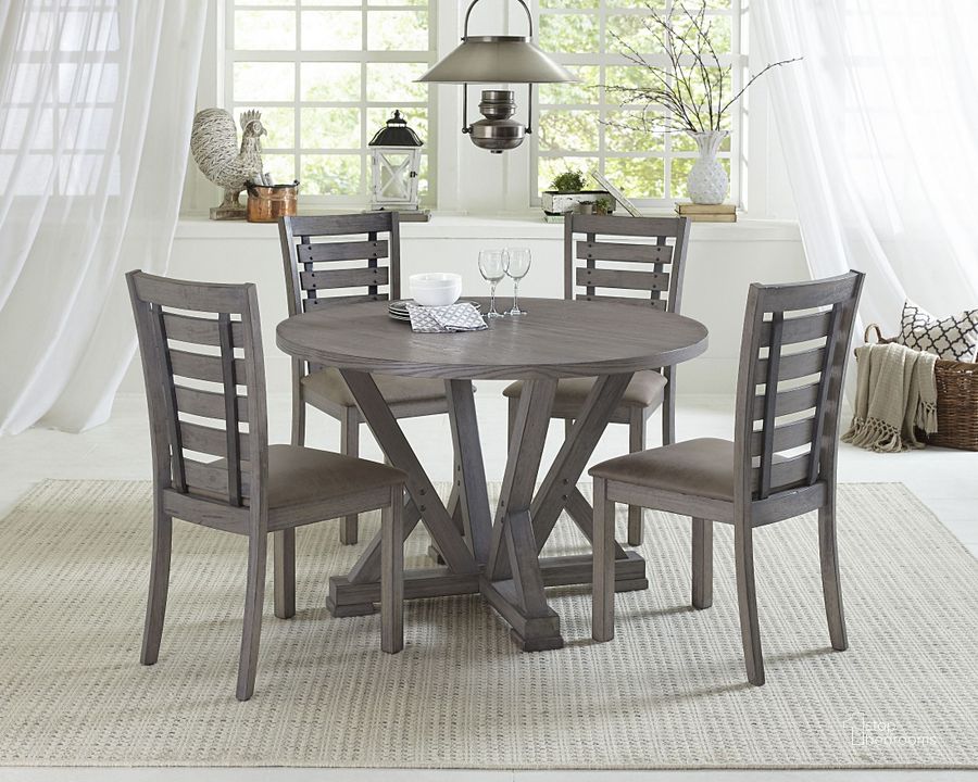 The appearance of Fiji Harbor Gray Round Dining Room Set designed by Progressive Furniture in the transitional interior design. This gray piece of furniture  was selected by 1StopBedrooms from Fiji Collection to add a touch of cosiness and style into your home. Sku: D841-13B/13T;D841-61. Table Base Style: Trestle. Table Top Shape: Round. Product Type: Dining Room Set. Material: Rubberwood. Image1