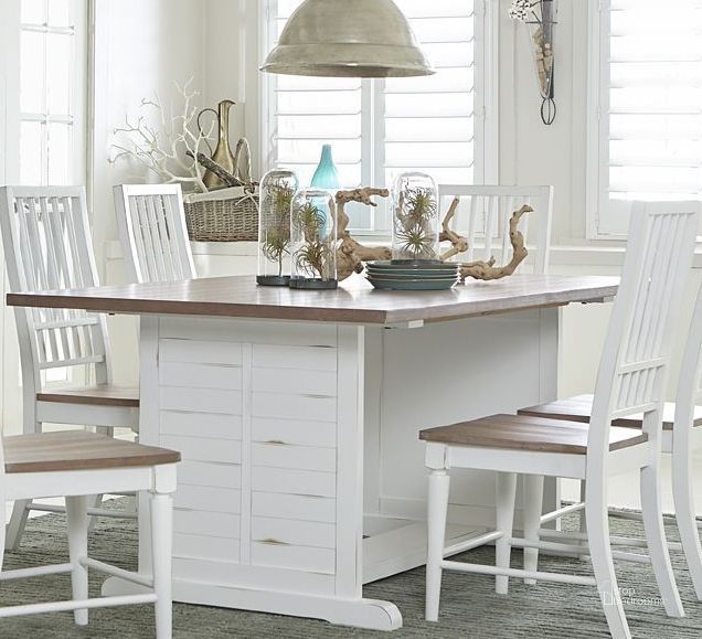 The appearance of Shutters Light Oak And Distressed White Dining Table designed by Progressive Furniture in the transitional interior design. This white piece of furniture  was selected by 1StopBedrooms from Shutters Collection to add a touch of cosiness and style into your home. Sku: D884-10. Table Base Style: Pedestal. Material: Wood. Product Type: Dining Table. Table Top Shape: Rectangular. Image1
