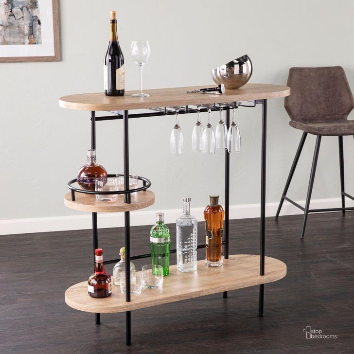 The appearance of Dagney Bar Table With Glassware Storage In Natural And Black Finish designed by SEI Furniture in the modern / contemporary interior design. This natural piece of furniture  was selected by 1StopBedrooms from Dagney Collection to add a touch of cosiness and style into your home. Sku: HZ1221040. Material: Wood. Product Type: Bar Table. Image1