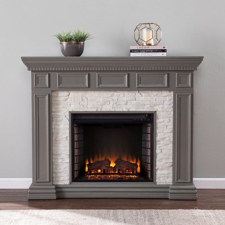 The appearance of Dakesbury Faux Stone Electric Fireplace designed by SEI Furniture in the traditional interior design. This grey piece of furniture  was selected by 1StopBedrooms from Dakesbury Collection to add a touch of cosiness and style into your home. Sku: FE1095959. Material: Wood. Product Type: Fireplace. Image1