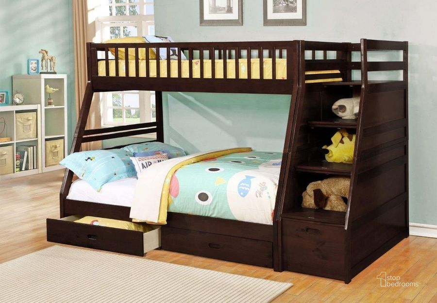 The appearance of Dakota Staircase Twin Over Full Staircase Bunk Bed With Storage In Java designed by US Tamex in the transitional interior design. This brown piece of furniture  was selected by 1StopBedrooms from Dakota Collection to add a touch of cosiness and style into your home. Sku: E4519275-A;E4519275-B;E4519275-C. Bed Type: Bunk Bed. Material: Wood. Product Type: Bunk Bed. Bed Size: Twin Over Full. Image1