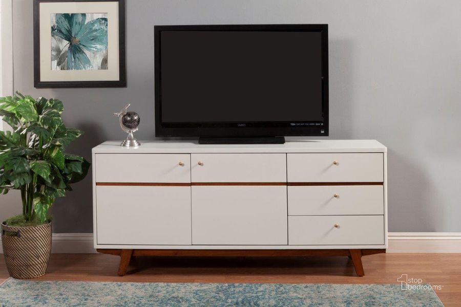 The appearance of Dakota TV Console White designed by Alpine in the modern / contemporary interior design. This white piece of furniture  was selected by 1StopBedrooms from Dakota Collection to add a touch of cosiness and style into your home. Sku: 1974-10. Product Type: TV Console. Material: Wood Veneer. Image1