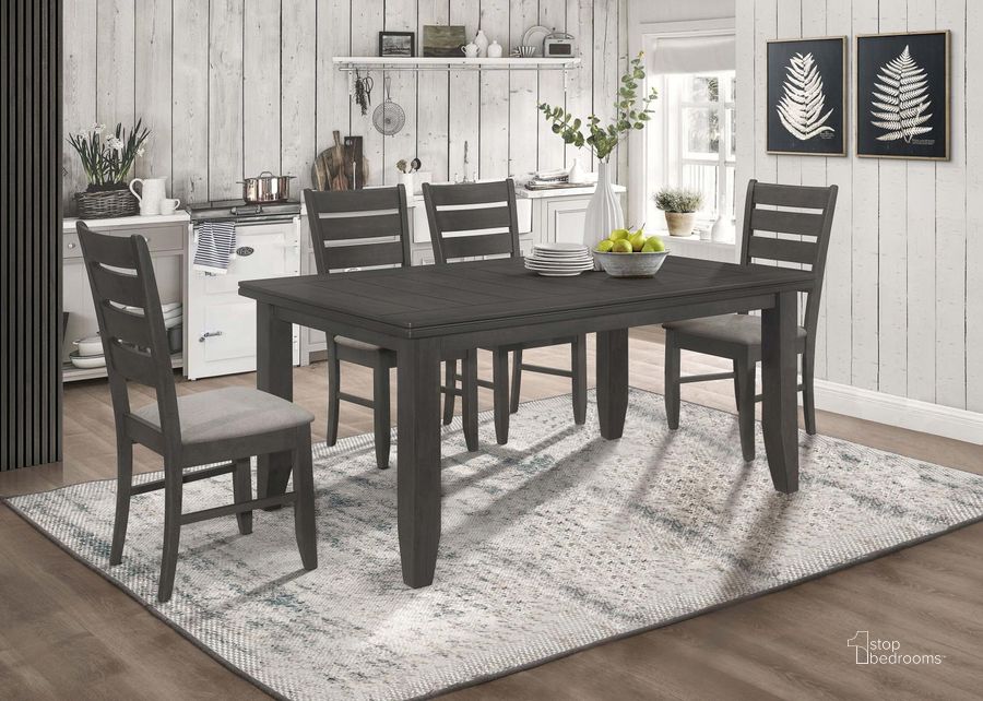 The appearance of Dalila Dining Room Set designed by Coaster in the transitional interior design. This dark grey piece of furniture  was selected by 1StopBedrooms from Dalila Collection to add a touch of cosiness and style into your home. Sku: 102721GRY;102722GRY. Table Base Style: Legs. Product Type: Dining Room Set. Material: MDF. Table Top Shape: Rectangular. Image1