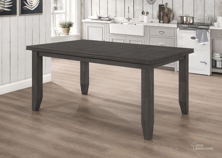 The appearance of Dalila Rectangular Plank Top Dining Table Dark Grey designed by Coaster in the rustic / southwestern interior design. This dark grey piece of furniture  was selected by 1StopBedrooms from Dalila Collection to add a touch of cosiness and style into your home. Sku: 102721GRY. Table Base Style: Legs. Product Type: Dining Table. Material: MDF. Table Top Shape: Rectangular. Size: 42". Image1
