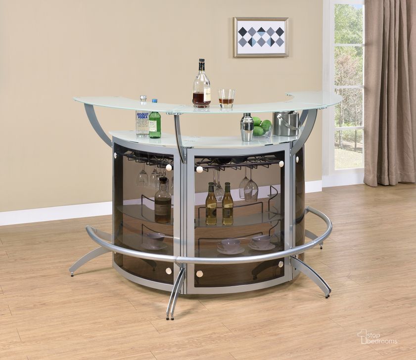 The appearance of Dallas 2-Shelf Curved Home Bar Set of 3 In Silver and Frosted Glass designed by Coaster in the modern / contemporary interior design. This silver/frosted glass piece of furniture  was selected by 1StopBedrooms from Dallas Collection to add a touch of cosiness and style into your home. Sku: 100135;100135;100135. Material: Metal. Product Type: Home Bar. Image1