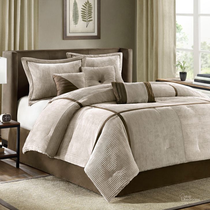 The appearance of Dallas Polyester Micro Corduroy Fabric Pieced Queen Comforter 7Pcs Set In Taupe designed by Olliix in the transitional interior design. This taupe piece of furniture  was selected by 1StopBedrooms from Dallas Collection to add a touch of cosiness and style into your home. Sku: MP10-313. Material: Polyester. Bed Size: Queen. Product Type: Comforter Set. Image1