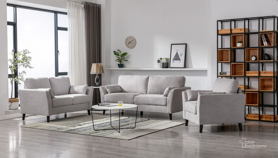 The appearance of Damian Light Gray Velvet Fabric Sofa Loveseat Chair Living Room Set designed by Lilola Home in the modern / contemporary interior design. This light gray piece of furniture  was selected by 1StopBedrooms from Damian Collection to add a touch of cosiness and style into your home. Sku: 89728LG. Product Type: Living Room Set. Material: Velvet. Image1