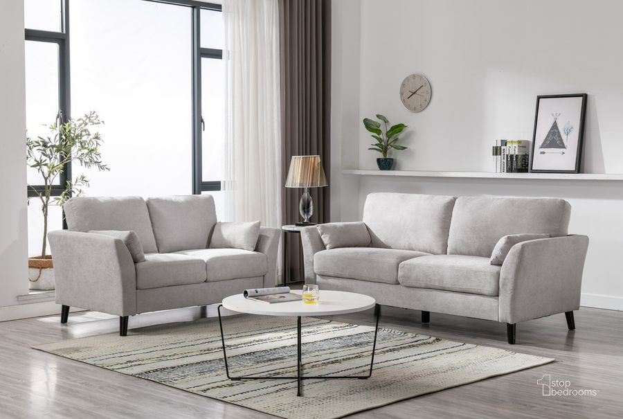 The appearance of Damian Light Gray Velvet Fabric Sofa Loveseat Living Room Set designed by Lilola Home in the modern / contemporary interior design. This light gray piece of furniture  was selected by 1StopBedrooms from Damian Collection to add a touch of cosiness and style into your home. Sku: 89728LG-SL. Product Type: Living Room Set. Material: Velvet. Image1