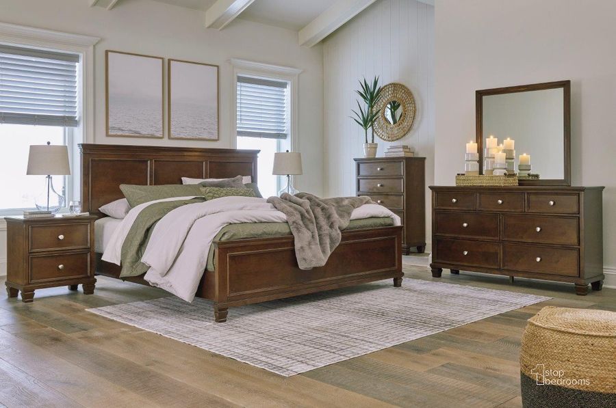 The appearance of Danabrin Rich Brown Cherry Panel Bedroom Set designed by Signature Design by Ashley in the transitional interior design. This brown piece of furniture  was selected by 1StopBedrooms from Danabrin Collection to add a touch of cosiness and style into your home. Sku: B685-54;B685-57;B685-97;B685-92. Bed Type: Panel Bed. Material: Wood. Product Type: Panel Bed. Bed Size: Queen. Image1