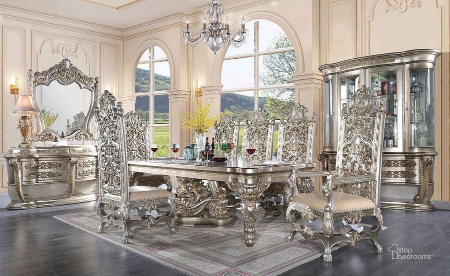 The appearance of Danae Dining Room Set designed by ACME in the transitional interior design. This champagne piece of furniture  was selected by 1StopBedrooms from Danae Collection to add a touch of cosiness and style into your home. Sku: DN01197-1;DN01197-2;DN01197-3;DN01198. Table Base Style: Legs. Material: Wood. Product Type: Dining Room Set. Table Top Shape: Rectangular. Size: 110". Image1
