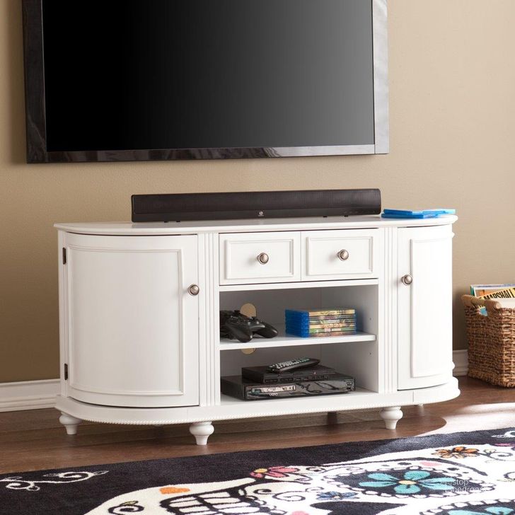 The appearance of Dandridge Tv-Media Stand In White designed by SEI Furniture in the traditional interior design. This white piece of furniture  was selected by 1StopBedrooms from Dandridge Collection to add a touch of cosiness and style into your home. Sku: MS8342. Product Type: TV Stand. Material: MDF. Image1