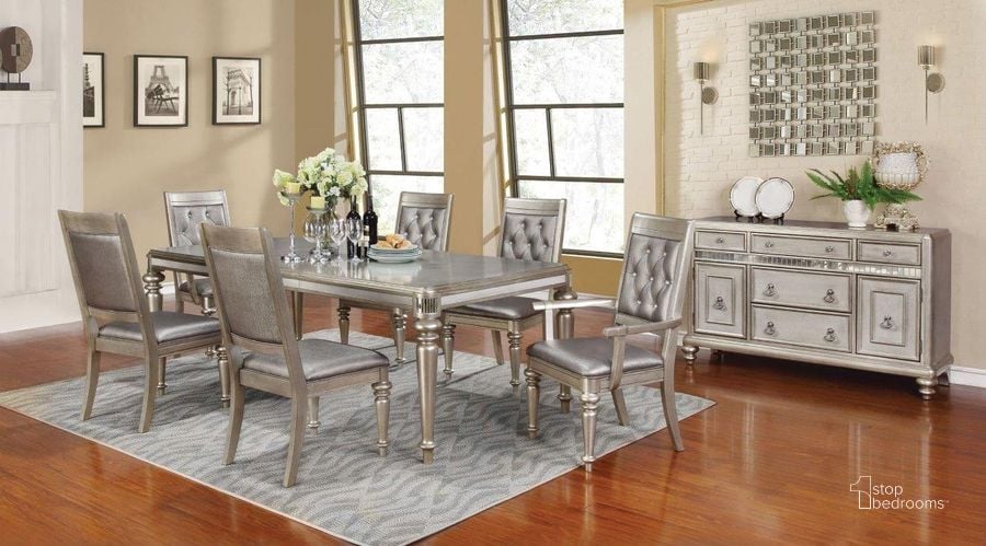 The appearance of Danette Metallic Platinum Rectangular Dining Room Set designed by Coaster in the modern / contemporary interior design. This gray piece of furniture  was selected by 1StopBedrooms from Danette Collection to add a touch of cosiness and style into your home. Sku: 106471;106472. Table Base Style: Legs. Material: Wood. Product Type: Dining Room Set. Table Top Shape: Rectangular. Image1