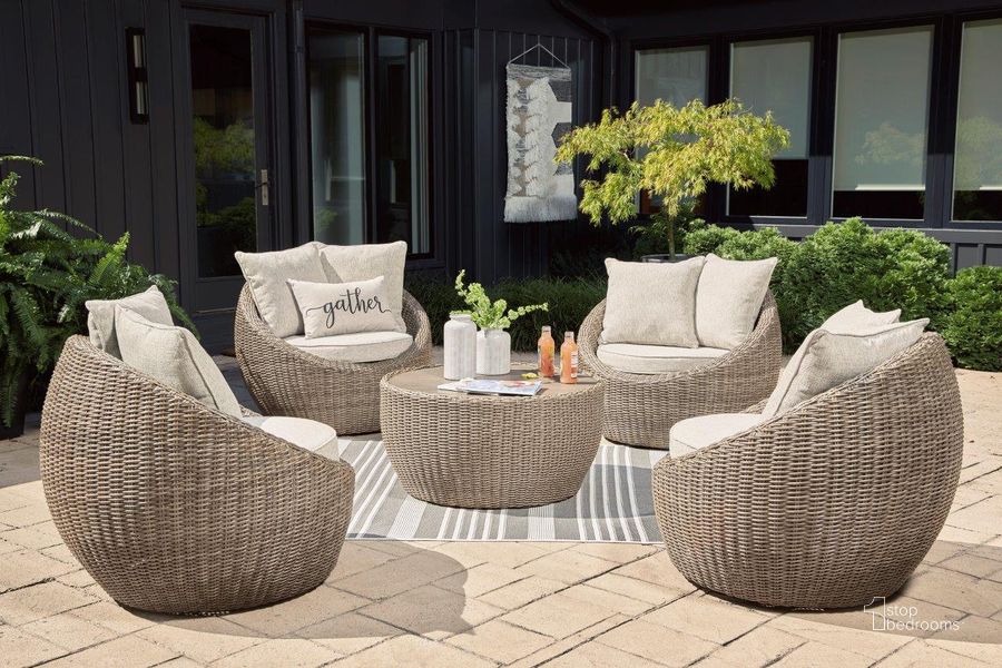 The appearance of Danson Beige Outdoor Round Occasional Table Set designed by Signature Design by Ashley in the transitional interior design. This beige piece of furniture  was selected by 1StopBedrooms from Danson Collection to add a touch of cosiness and style into your home. Sku: P505-708;P505-706. Product Type: Outdoor Set. Material: Resin. Image1