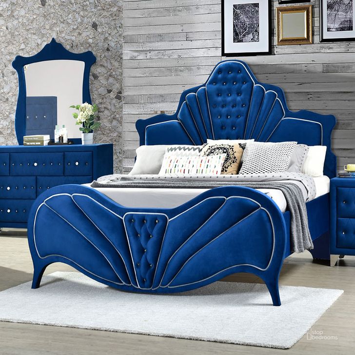 The appearance of Dante Upholstered Bed (Blue) (King) designed by ACME in the glam interior design. This blue piece of furniture  was selected by 1StopBedrooms from Dante Collection to add a touch of cosiness and style into your home. Sku: 24217EK-HB;24218EK-FB;24219EK-R. Material: Wood. Bed Size: King. Product Type: Upholstered Bed. Image1