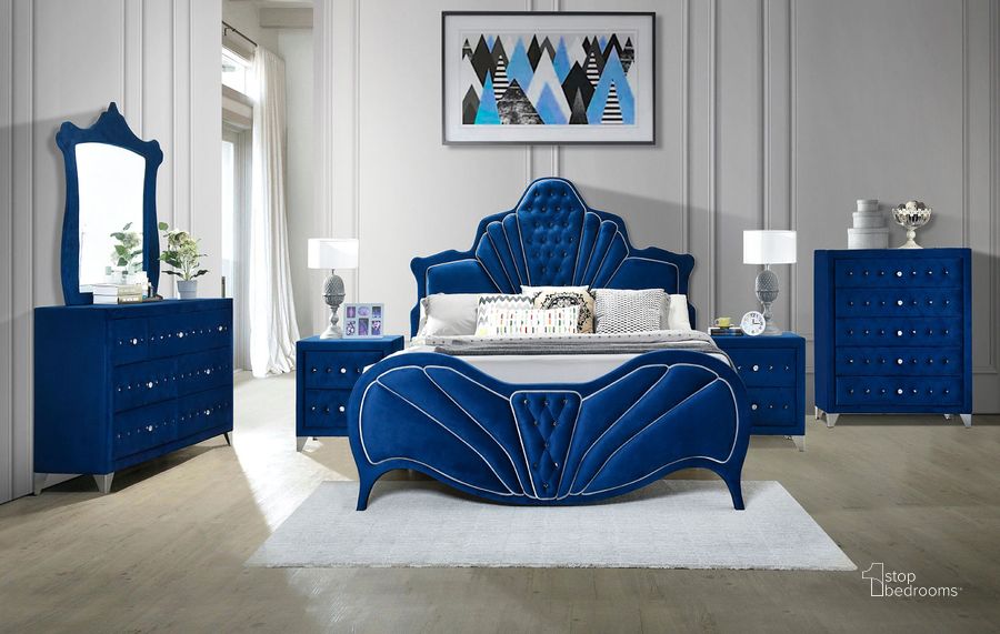 The appearance of Dante Upholstered Bedroom Set (Blue) designed by ACME in the glam interior design. This blue piece of furniture  was selected by 1StopBedrooms from Dante Collection to add a touch of cosiness and style into your home. Sku: 24220Q-HB;24221Q-FB;24222Q-R;24223. Material: Wood. Bed Size: Queen. Product Type: Upholstered Bed. Image1