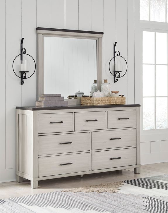 The appearance of Darborn Dresser and Mirror In Gray/Brown designed by Signature Design by Ashley in the transitional interior design. This gray/brown piece of furniture  was selected by 1StopBedrooms from Darborn Collection to add a touch of cosiness and style into your home. Sku: B796-31;B796-36. Material: Wood. Product Type: Dresser and Mirror. Image1
