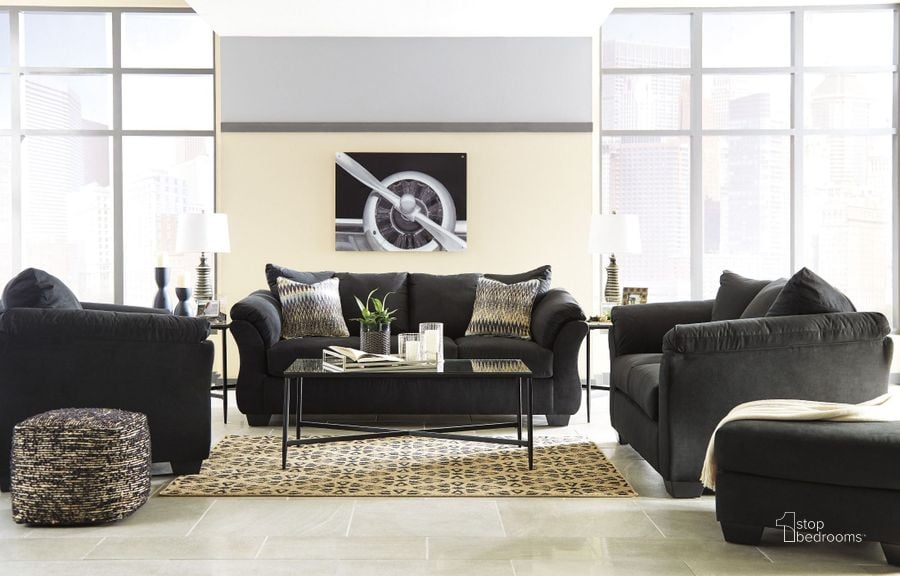 The appearance of Darcy Black Living Room Set designed by Signature Design by Ashley in the modern / contemporary interior design. This black piece of furniture  was selected by 1StopBedrooms from Darcy Collection to add a touch of cosiness and style into your home. Sku: 7500838;7500835. Material: Fabric. Product Type: Living Room Set. Image1